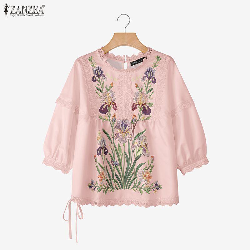 ZANZEA Women Lace Splice Round Neck Floral Print Casual 3/4 Sleeve Blouse