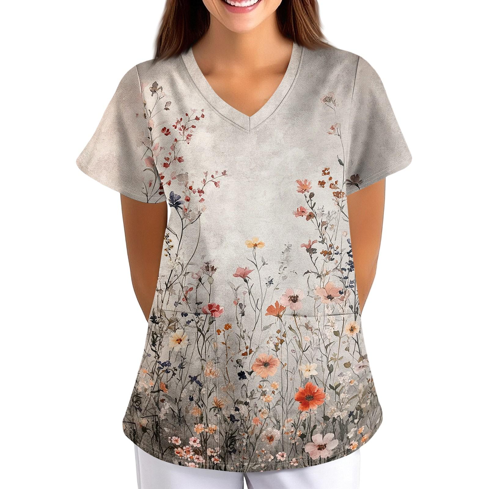 

Loose Fit V Neck Floral Print Short Sleeve Medical Scrub Top with Pockets for Healthcare Professionals Nursing Uniform Workwear XXXXL хаки