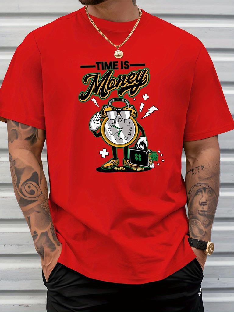 Unisex Summer Crew Neck Short Sleeve T Shirt Time Is Money Cartoon Alarm Clock Print Casual Loose Streetwear Daily Fashion Tops
