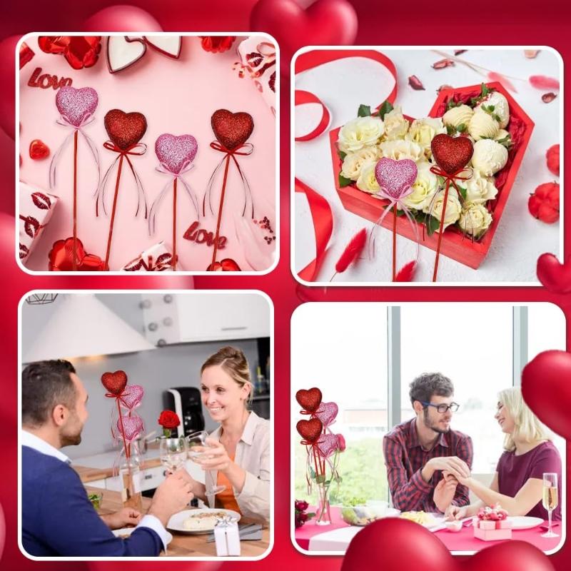 10Pcs Glitter Foam Heart Picks Stick for Valentine's Day Mother's Day Gift Vase Decoration Birthday Party Cake Toppers