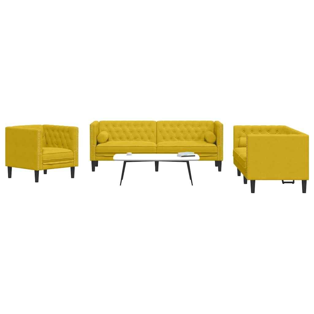 3 Piece Chesterfield Sofa Set with Neck Pillows Yellow Velvet