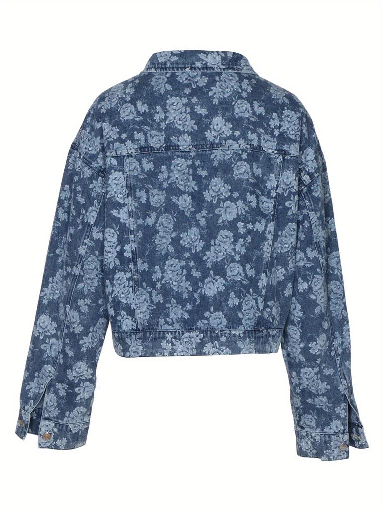 Dámská džínová bunda s květinovým potiskem - Evropská & Americká Jarní/Podzimní Ležérní Jednobarevná