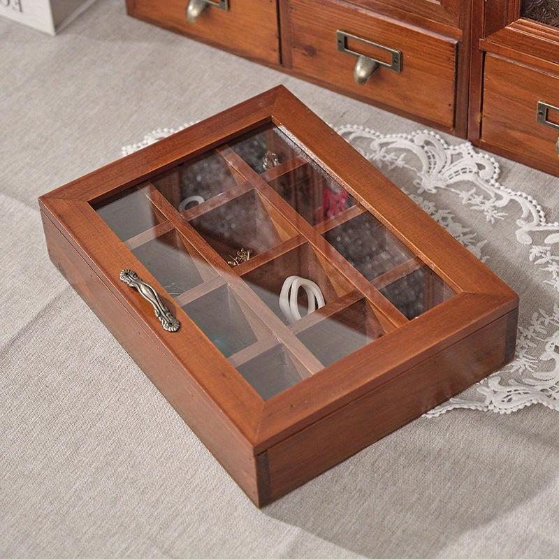 12 Grid/9 Grid 1pc jewelry&Tea&Spices Wooden Storage Showcase Box with Transparent Lid, Vintage Multifunctional Storage Home Furnish.