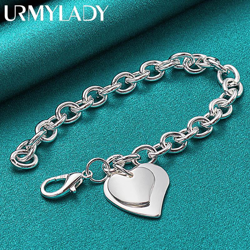 925 Sterling Silver Double Heart Pendant Bracelet For Women Wedding Engagement Fashion Jewelry