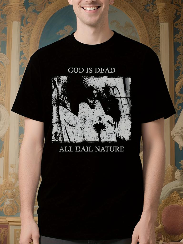 Begotten - T-shirt Grafica Filosofica Nera con Scritte Bianche "God Is Dead" & "Hail Nature"