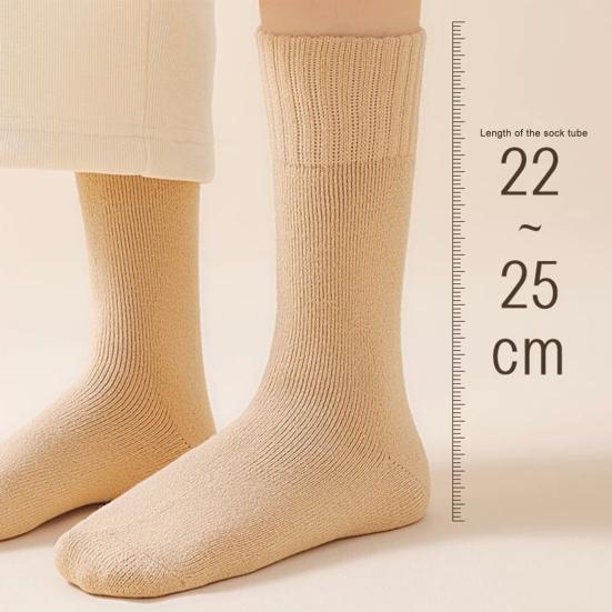 1 Pair Women Winter Socks Solid Color Ribbed Cuffs Thickened Plush Lining Sleeping Socks Autumn Winter Daily Wear