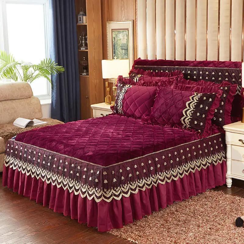 Saia de cama de veludo quente de luxo supermacia, colcha acolchoada de flanela grossa, capa de cama antiderrapante, fronha não incluída, cubre cama