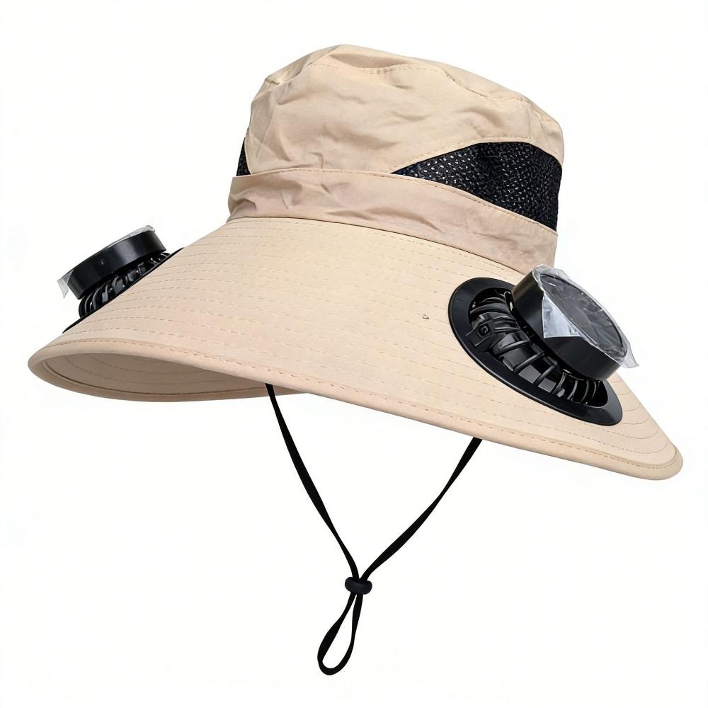 

3 Speeds Summer Fan Visor Cap Dual Fan Wide Brim Sun Cap Fishing Bucket Hat Hiking Beige Round