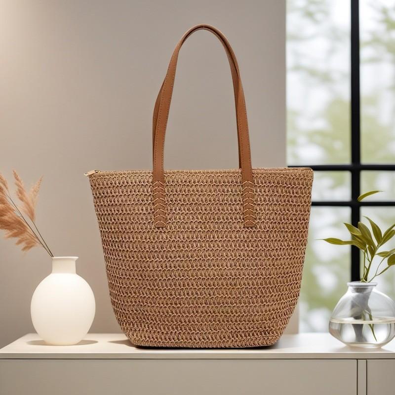 

Fashionable and Versatile Women s Woven Bag with Zipper for Travel, Large Capacity Beach Bag, Handbag хаки