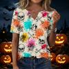 Women's Casual Halloween Print V-Neck Short Sleeve Button T-Shirt Top