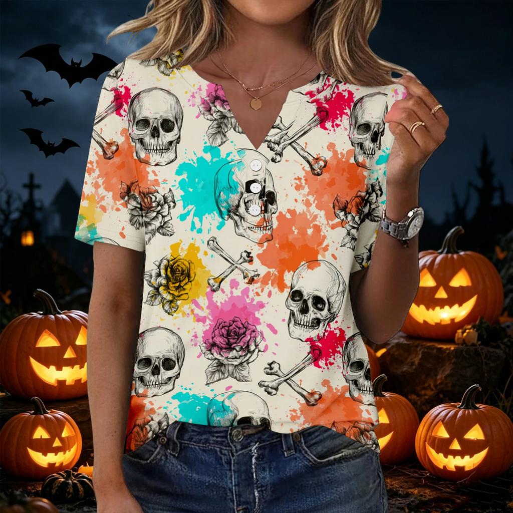 Women's Casual Halloween Print V-Neck Short Sleeve Button T-Shirt Top