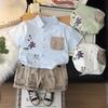 Boys' Short Sleeved Two-piece Set with Cartoon Printed Shirt and Casual Shorts High-quality Clothes for Boys