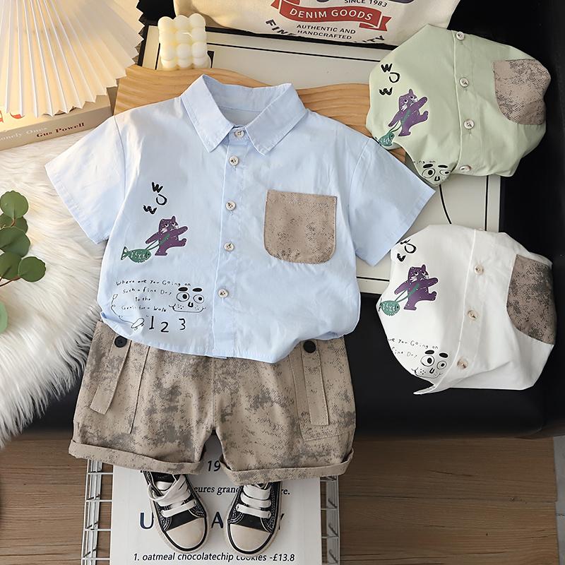 Boys' short sleeved two-piece set with cartoon printed shirt and casual shorts High-quality clothes for Boys