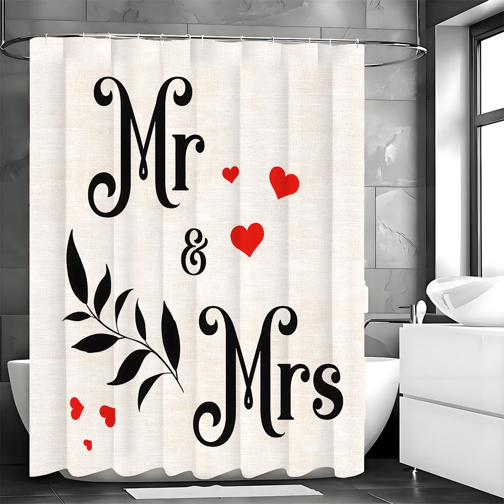 Valentine's Day Mr. Lady Love Leaf Shower Curtain, Bathroom Decorative Shower Curtain, Waterproof Shower Curtain with Hooks