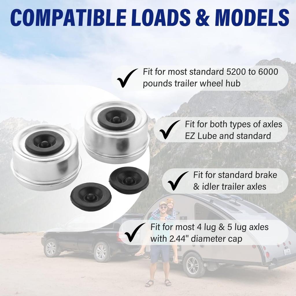 4 PCS 2.44'' Trailer Hub Dust Cap Trailer Axle Grease Cap With 8 Rubber Plugs, Steel Wheel Bearing Dust Caps Fit For Most Standard 5200 To 6000 Pound