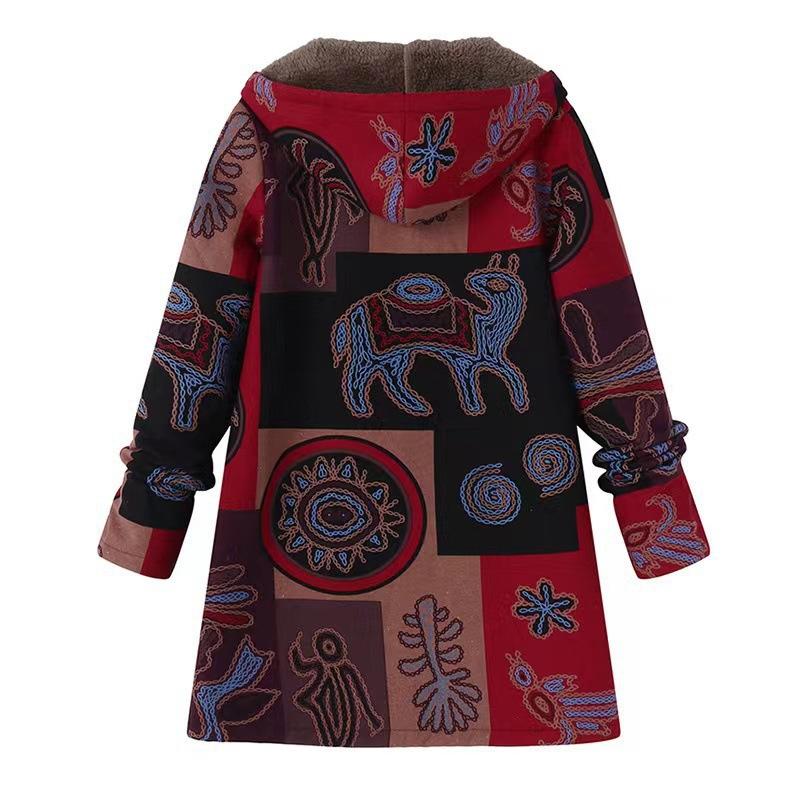 Jacket series casual printing cotton and linen printing plush inner hooded zipper women's clothing new