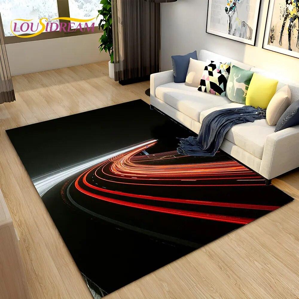 3D Neon Expressway Track Road Area Rug Large,Carpet Rug for Home Living Room Bedroom Sofa Doormat Decor,Kids Non-slip Floor Mat