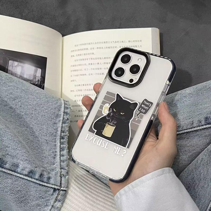 Drinking Coffee Black Cat Phone Case For iPhone 16 15 14 13 12 11 Pro Max XR XS 7 8 Plus Transparent Shockproof Silicone Cover