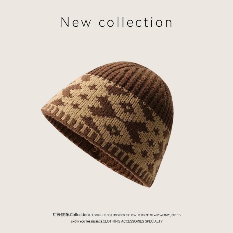 

Retro diamond jacquard knitted hat women s autumn and winter warm big head circumference contrasting color niche cold hat men s bag head wool hat 55-59CM