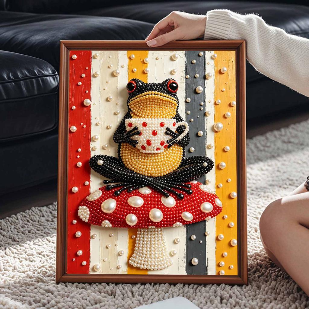 Sparkling Framed Pearl Painting Kit DIY with Cute Frog Drinking Tea 3D Bead Art Canvas Ready To Display Home Wall Decor Gift Idea Set