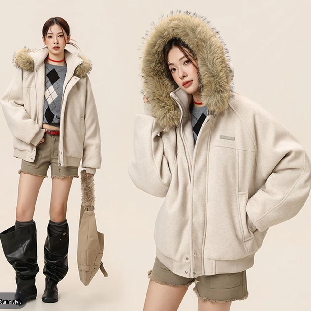 Unisex Retro Fur Collar Hooded Cotton Jacket - Winter Warm Thickened Outerwear