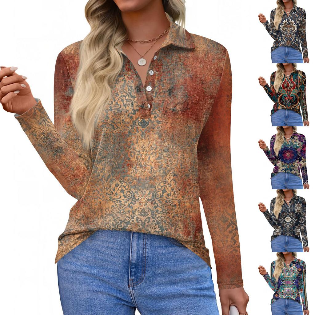Dame Mote Casual Revers Kortermet Langermet Print Skjorte Dame Knapper Opp Topper