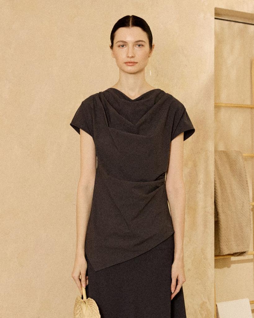 PADO SEOUL Shirred Cowl Neck Top Charcoal