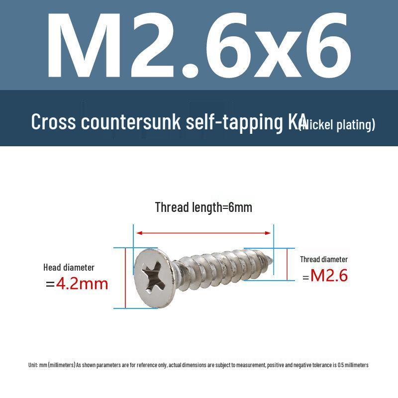 YiguYigu Nickel-Plated Phillips Flat Head Self-Tapping Screws M1-M5, Carbon Steel