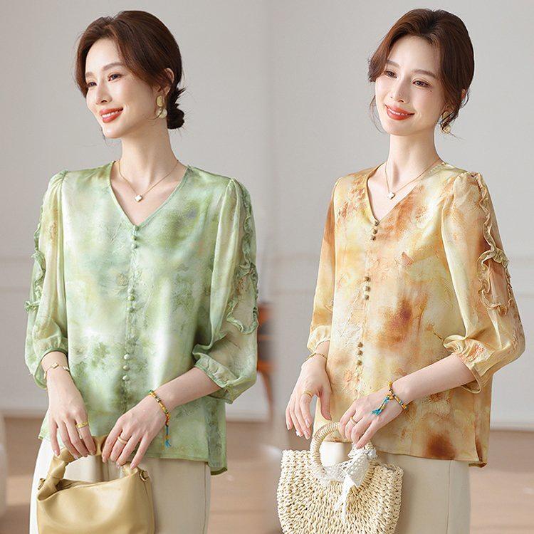 2026 New Chinese Style Spring/Summer Seven-Sleeve Chiffon Top for Middle-Aged and Elderly Women