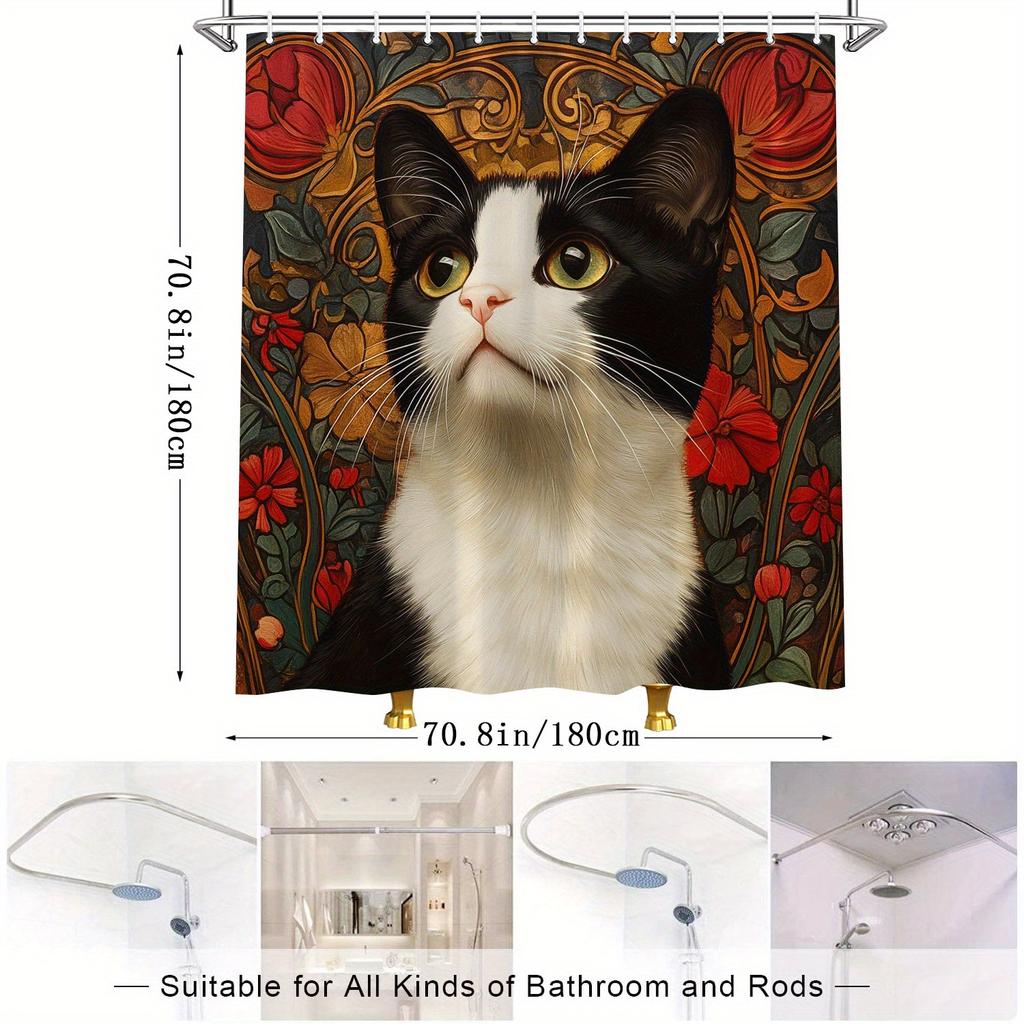 1 Stück Elegante Schwarz-Weiß-Katzenkunst Duschvorhang mit Grünen Augen - Vintage Florales Rahmendesign, Polyestergewebe, 12 Haken
