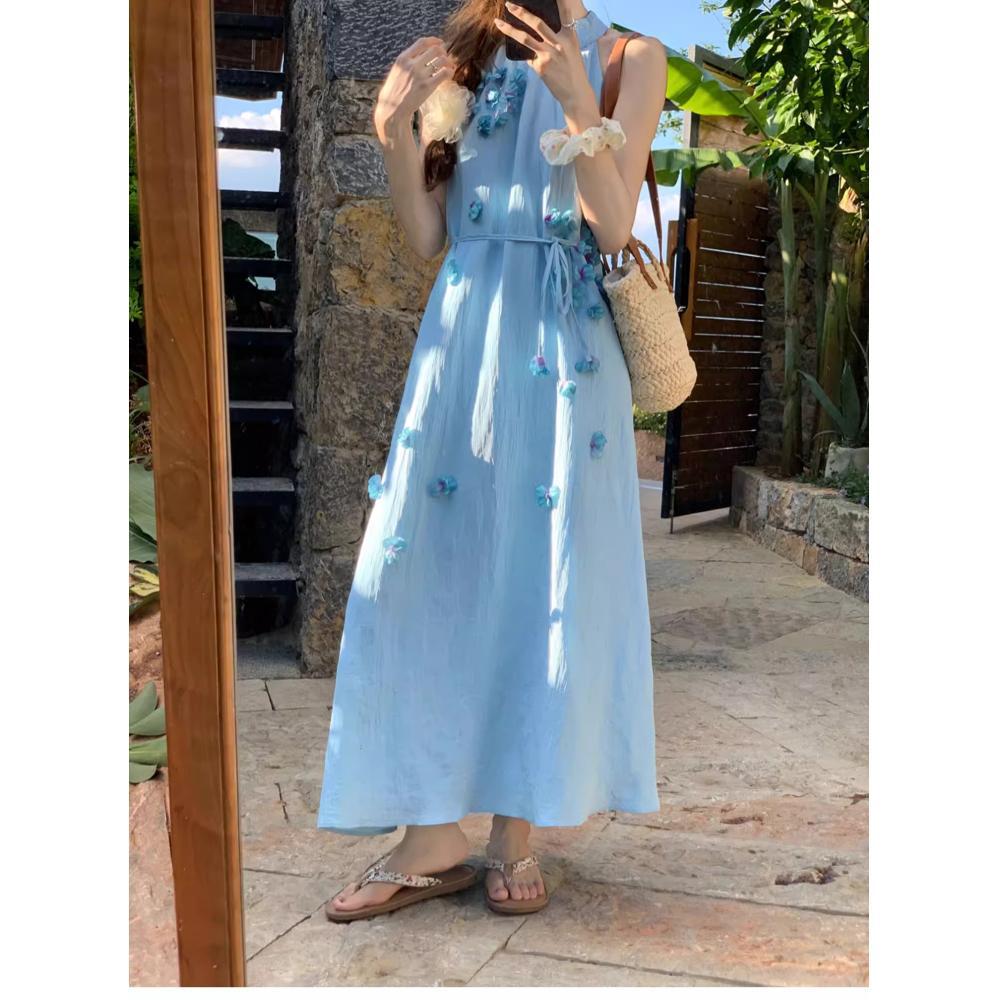 French three-dimensional flower blue neck dress women's summer design sense casual loose vacation wind off-the-shoulder vest skirt