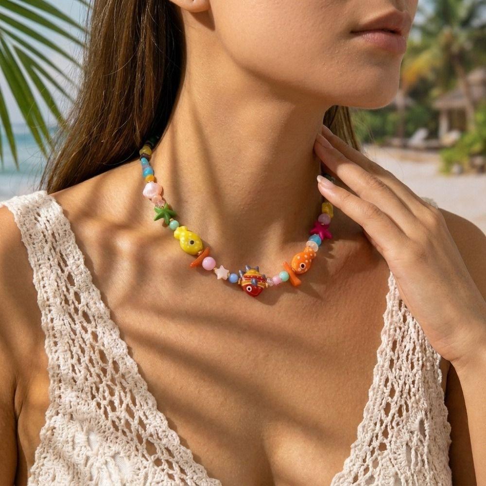Irregular Stone Fish Beads Necklace Colorful Ceramic Ceramic Fish Beaded Necklace For Girls
