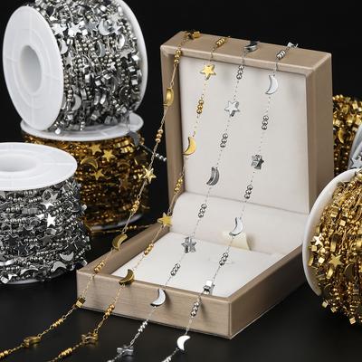 Stainless Steel Vacuum-plated Love Handmade Chain, Moon Star Bead Collarbone Chain DIY Bracelet Necklace Earrings