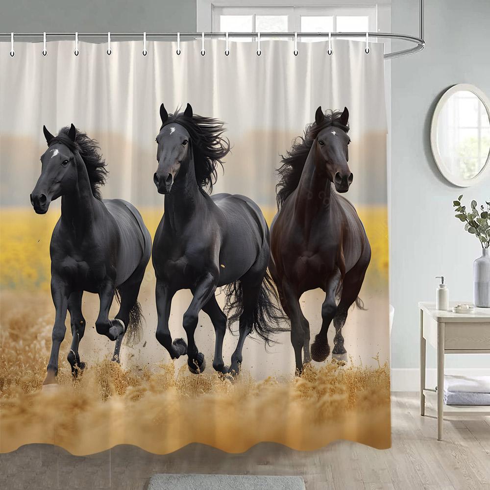 Prancing Horse Shower Curtains Oil Painting Art Farm Animals Bath Curtain Set Polyester Fabric Bathroom Bathtub Decor With Hooks