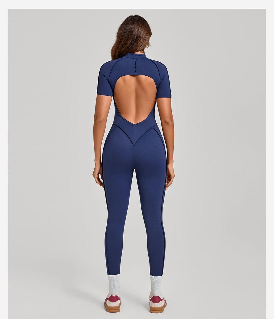 Women's Short-Sleeve Half-Zip Tummy-Control Yoga Jumpsuit