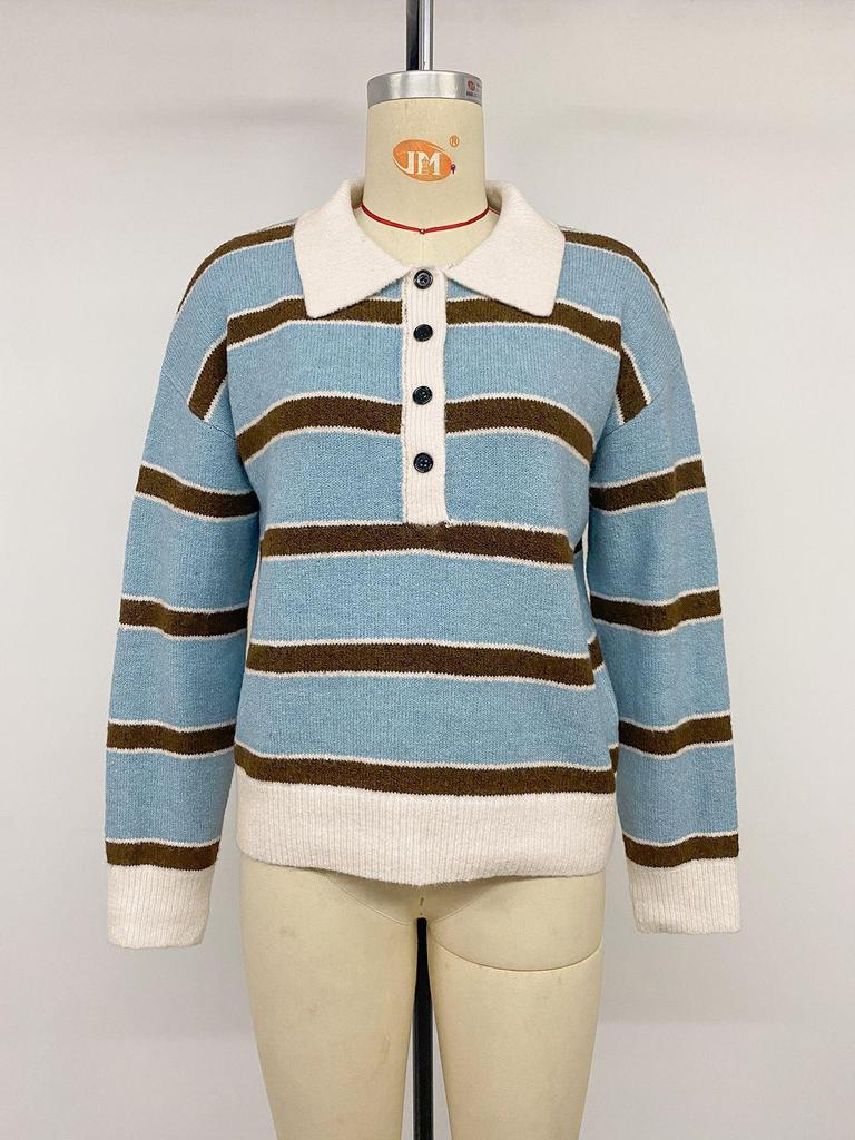 2026 Autumn/Winter Gentle Retro Striped Polo Collar Long Sleeve Sweater for Women
