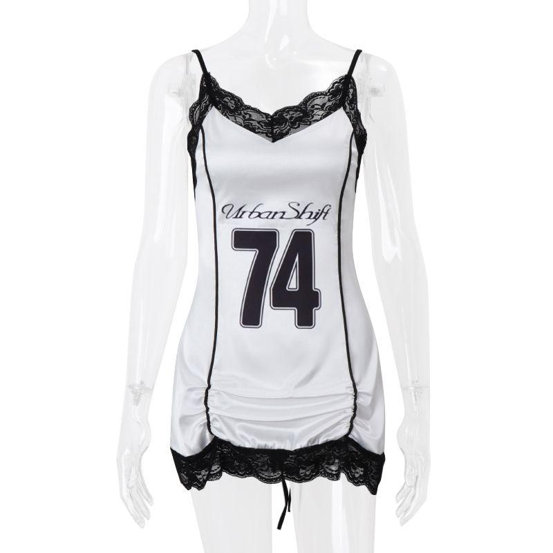 

Gyaru Style Sexy Number Print Lace Stitching Sling Dress White Pleat Slim fit Backless Lace-up Nightdress White L