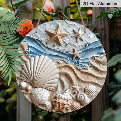 2D Flat, 1pc Round Aluminum Metal Sign Beach Starfish Shells Print Metal Sign, Waterproof & Rustproof, Perfect for Nautical Home, Beach House