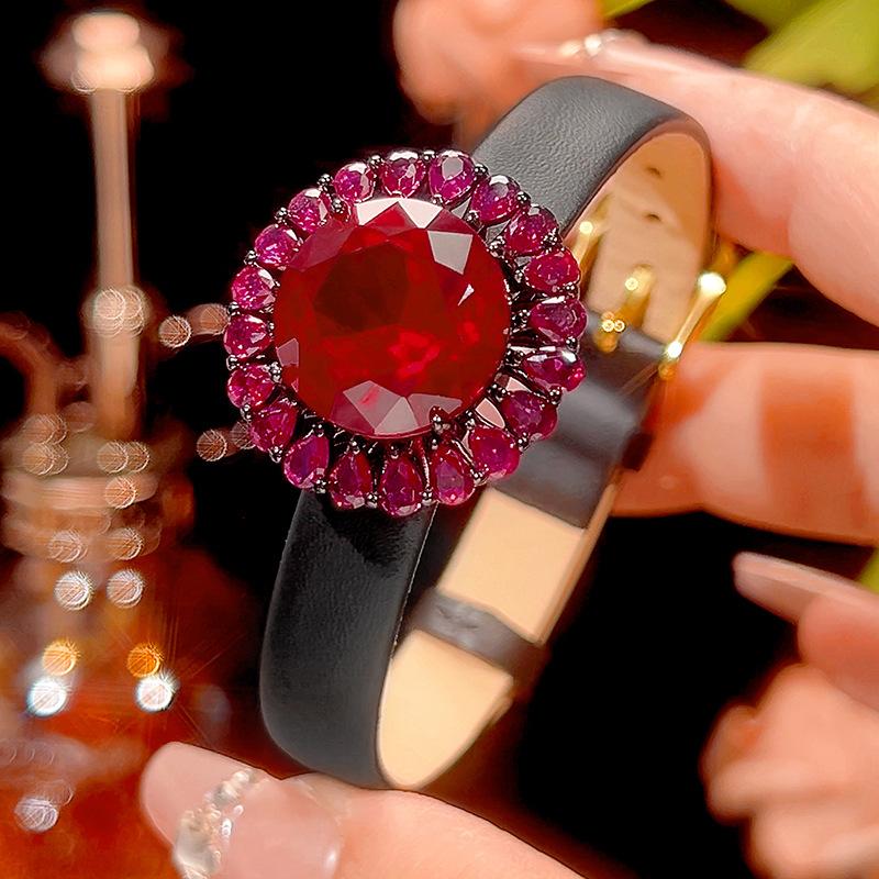 Autumn and Winter New Huabi Jewelry Copper Bottom Gold-plated Simulation Red Corundum Advanced Black Gold Set Main Stone 16-10m
