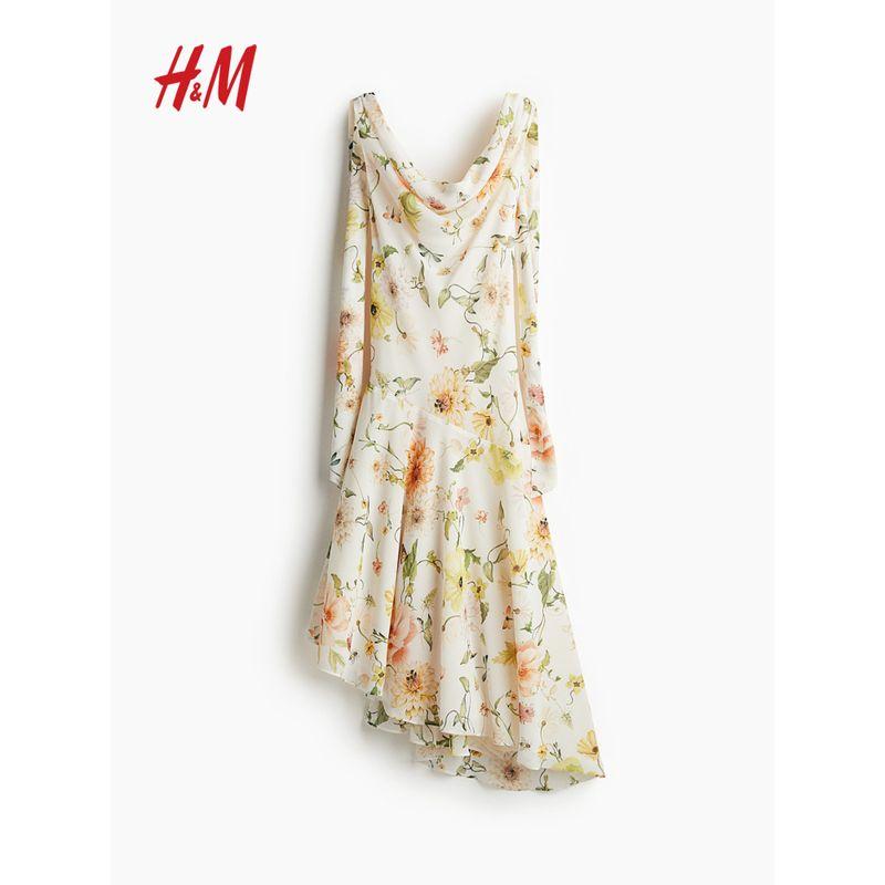HM Women's Clothing Florals Dress 2025 Fall New Arrival Asymmetrical Swing Collar Stylish Dress 1284563
