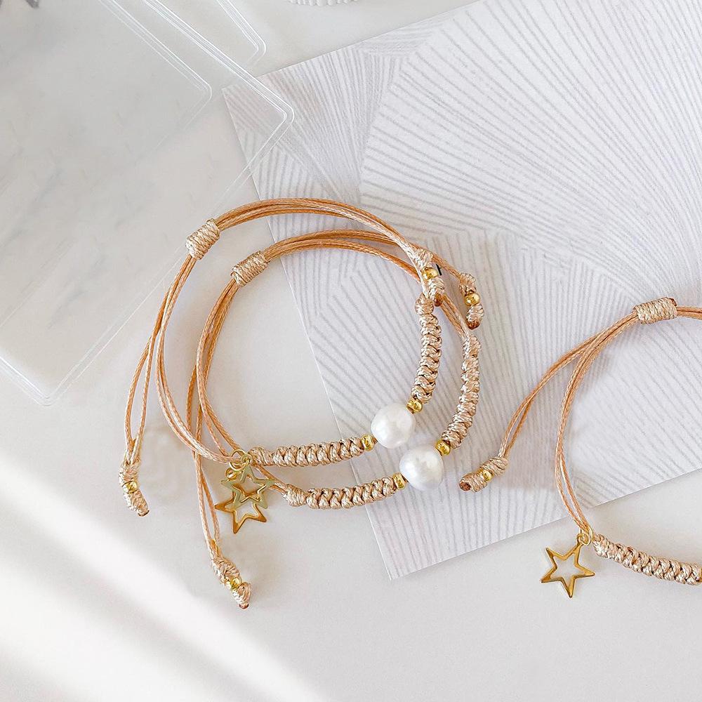 Bohemian Style Freshwater Pearl Bracelet with Hollow Star Charm On Waxed Cord