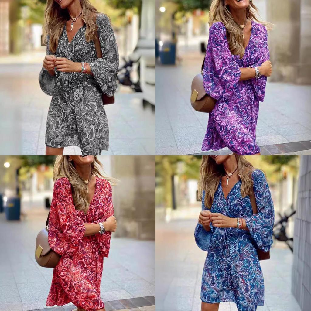 Summer Floral Print Polyester A Line Dress With V Neck And Mid Waist For Casual Wear