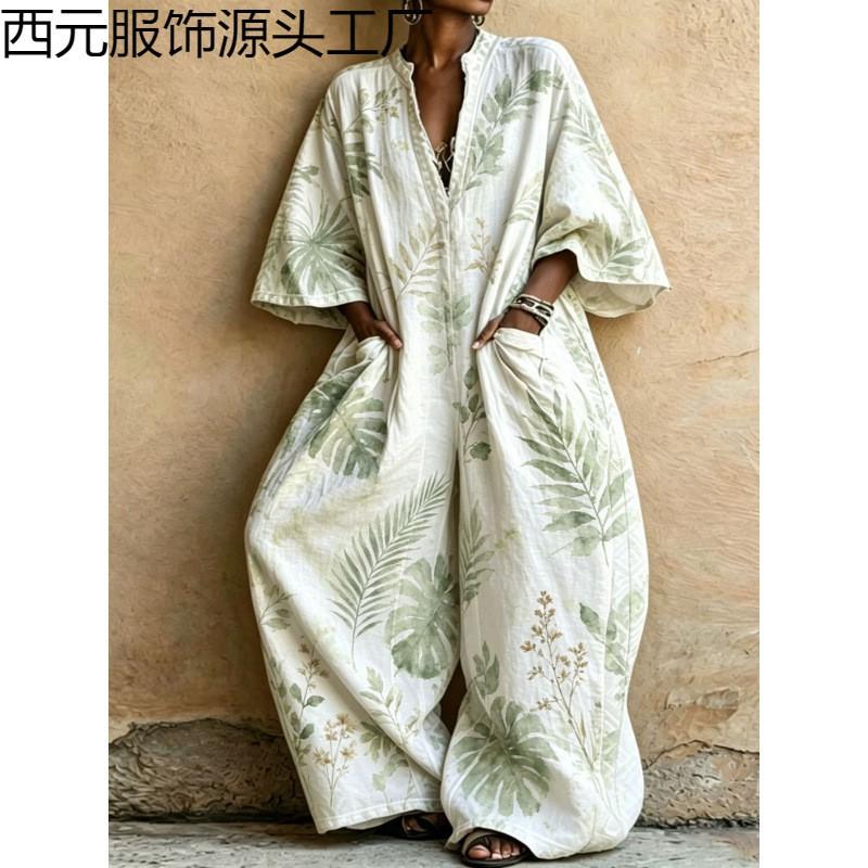 2026 Bohemian Jumpsuit With Pockets Loose Wide Leg Romper Women Streetwear
