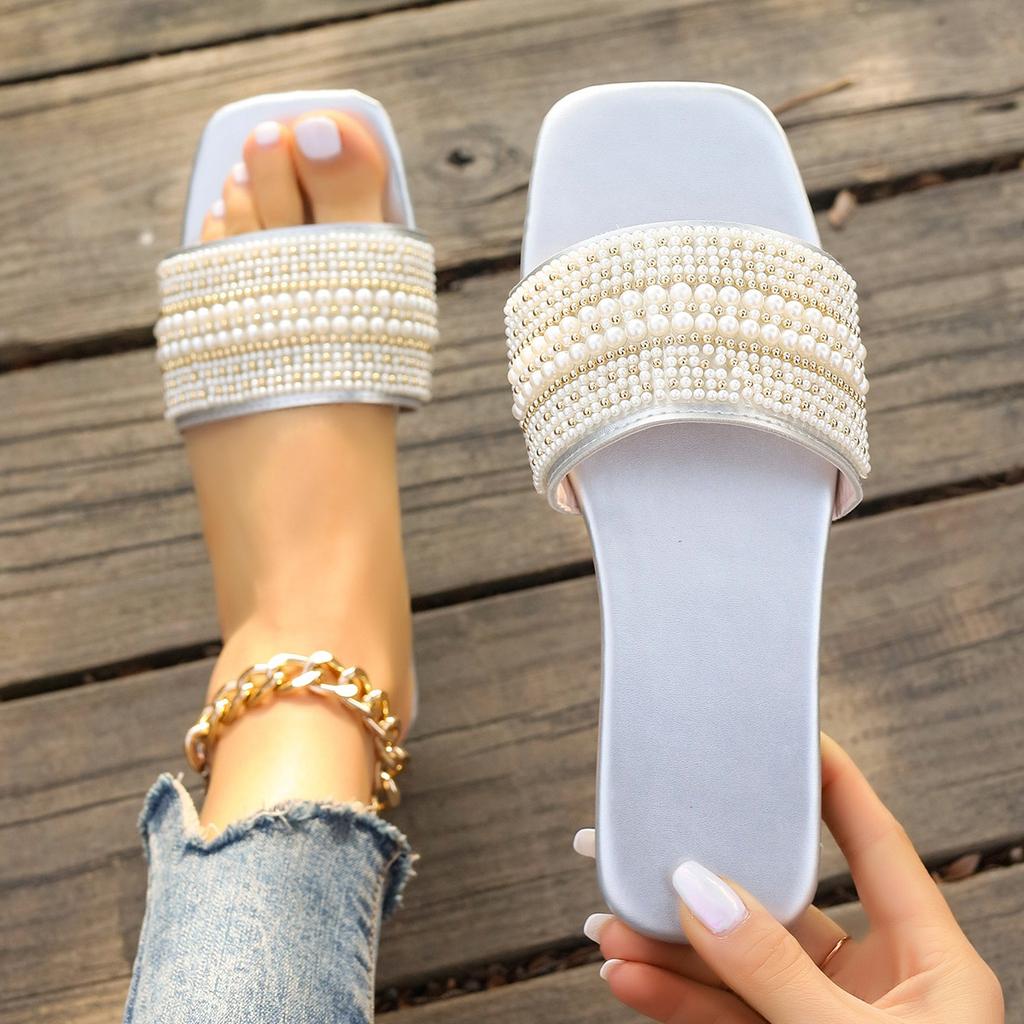 Plus Size Women's Korean Style Solid Color Square Toe One Strap Rhinestone Flat Slip on Slide Sandals
