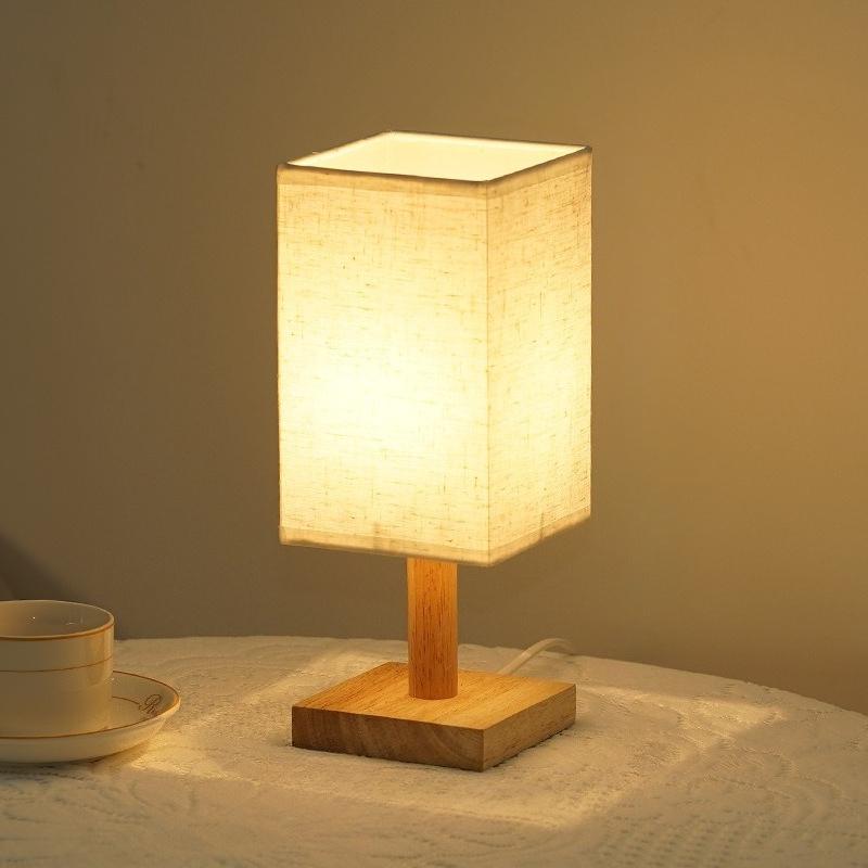 

LED Decoration Table Lamps Simple Dimmable Plug in Night Light Fabric Lampshade Square Chinese Style Bedside Lamp for Bedroom Warm Light