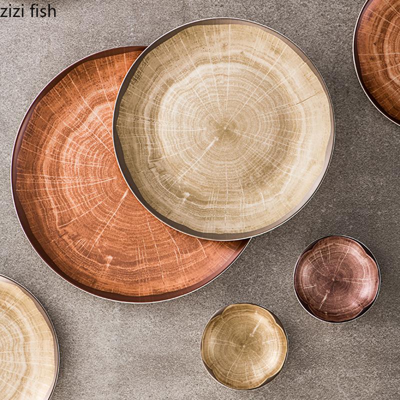 Platos de cerámica poco profundos con cambios de horno retro, platos de postre para restaurante, platos de ensalada, platos de carne, platos de exhibición de cocina molecular