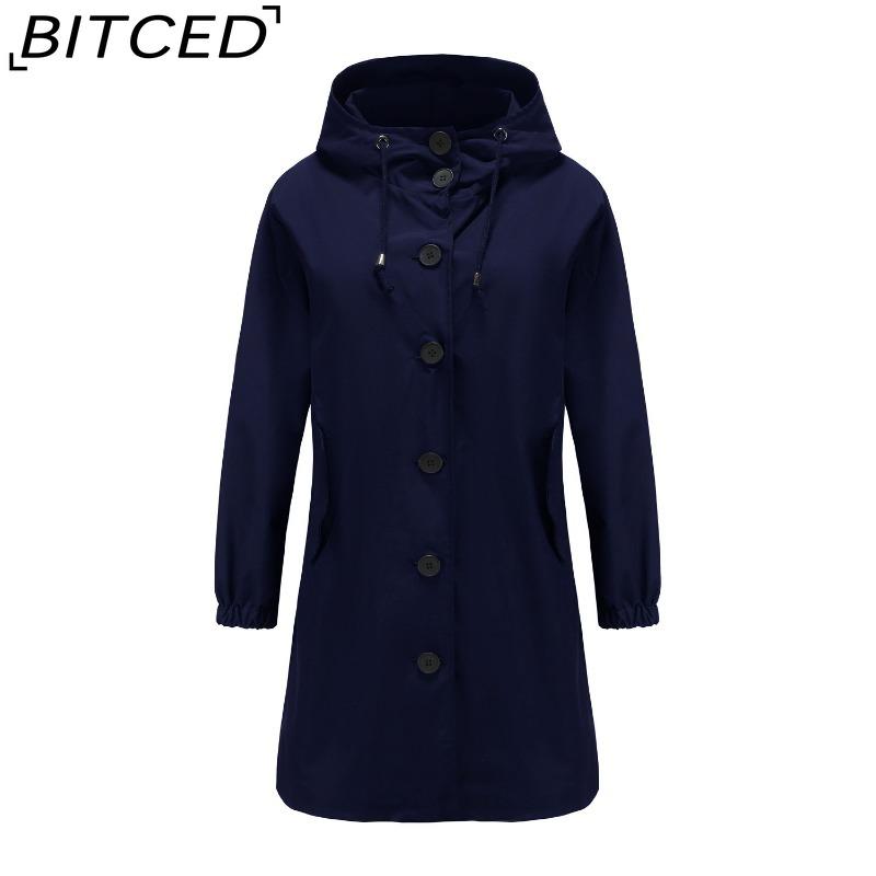 

BITCED Autumn/Winter Water-Repellent Hooded Trench Coat Women s Casual Long Coat Loose Fit Plus Size Outdoor Rainwear XXXL темно-синий