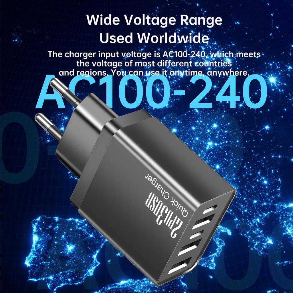 Fast Charger for Android & Apple - 3 USB + 2 Type-C Ports, Compatible with UK, US, EU.