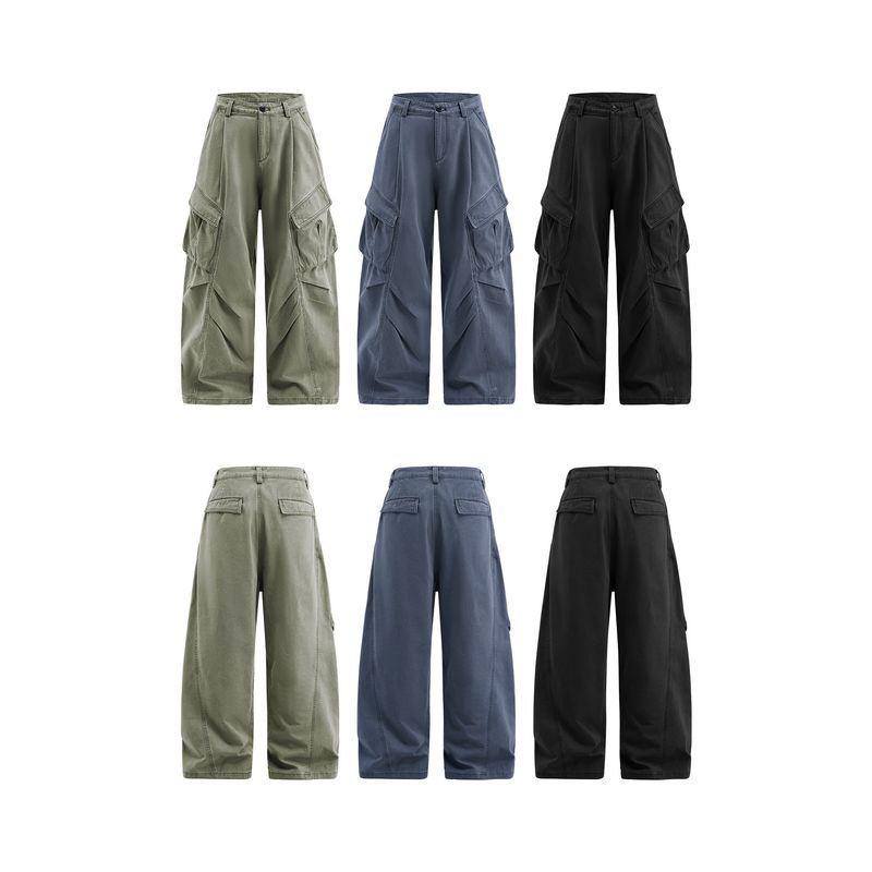 American-Style Streetwear Large Pocket Pleated Cargo Wide-Leg Pants Unisex 2025 Autumn Trendy Functional Outdoor Casual Long Pants