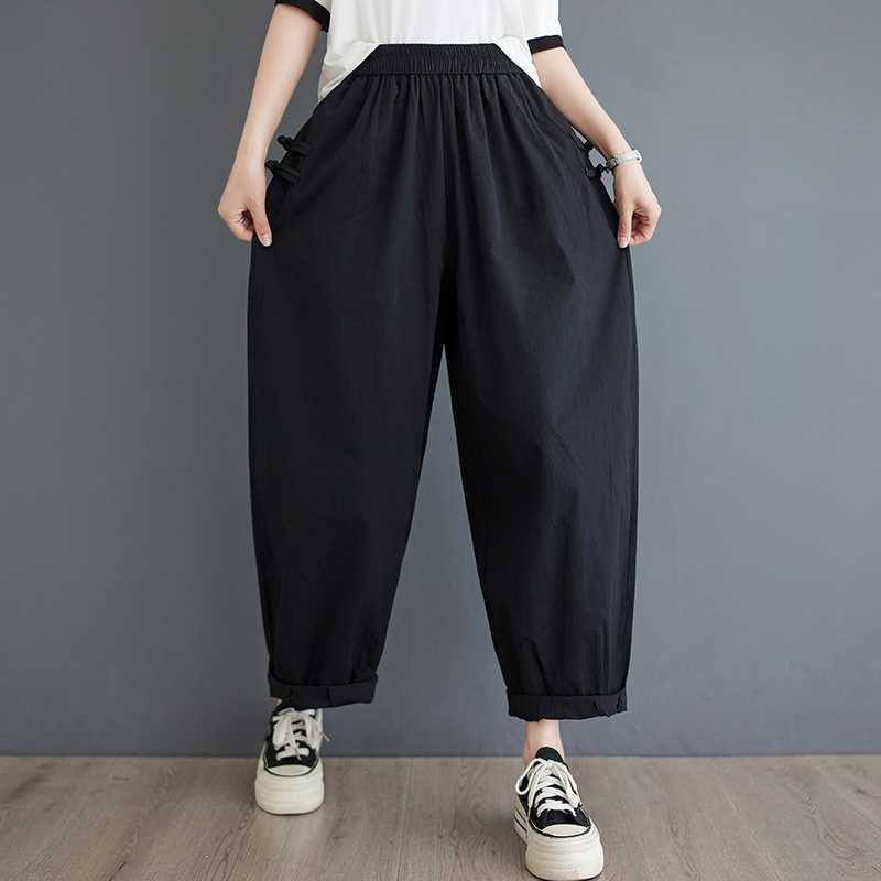 

Летние литературные ретро хлопковые однотонные повседневные брюки женские с высокой талией и дисковой пряжкой свободные и тонкие шаровары one size чёрный